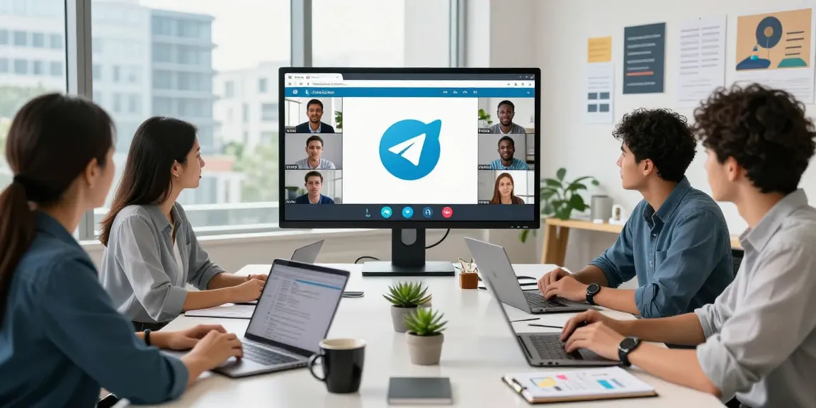 Team collaborating in a modern workspace, showcasing the Telegram Web Version for effective communication.