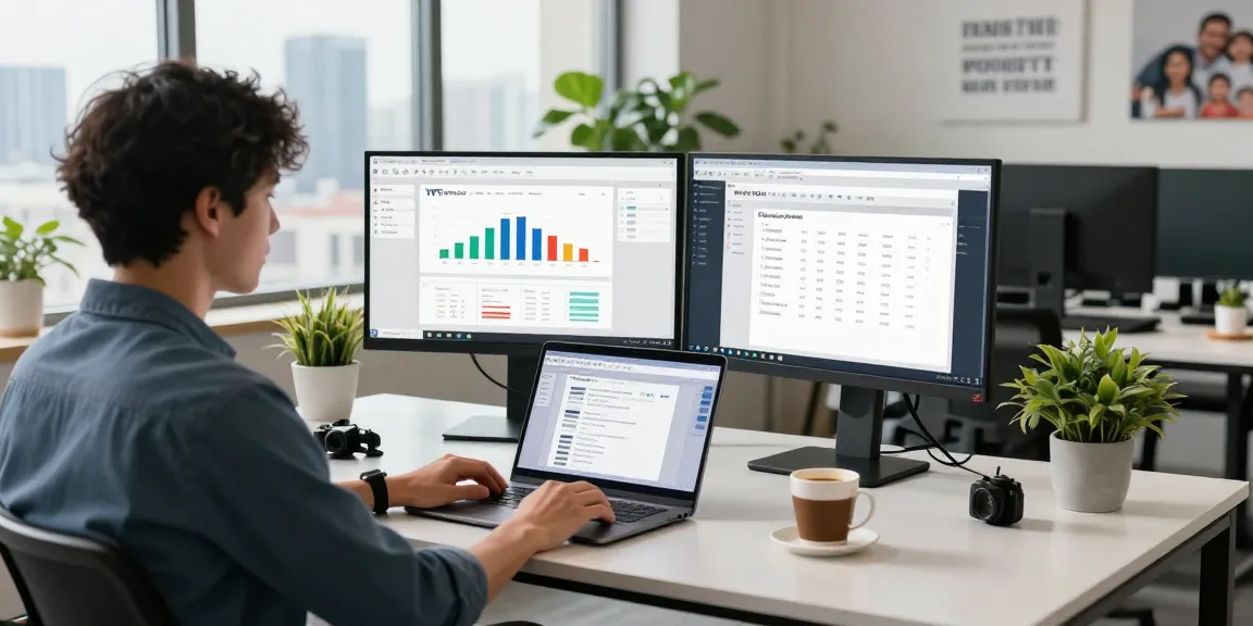 Download WPS Office in a modern workspace with dual monitors and productivity tools.