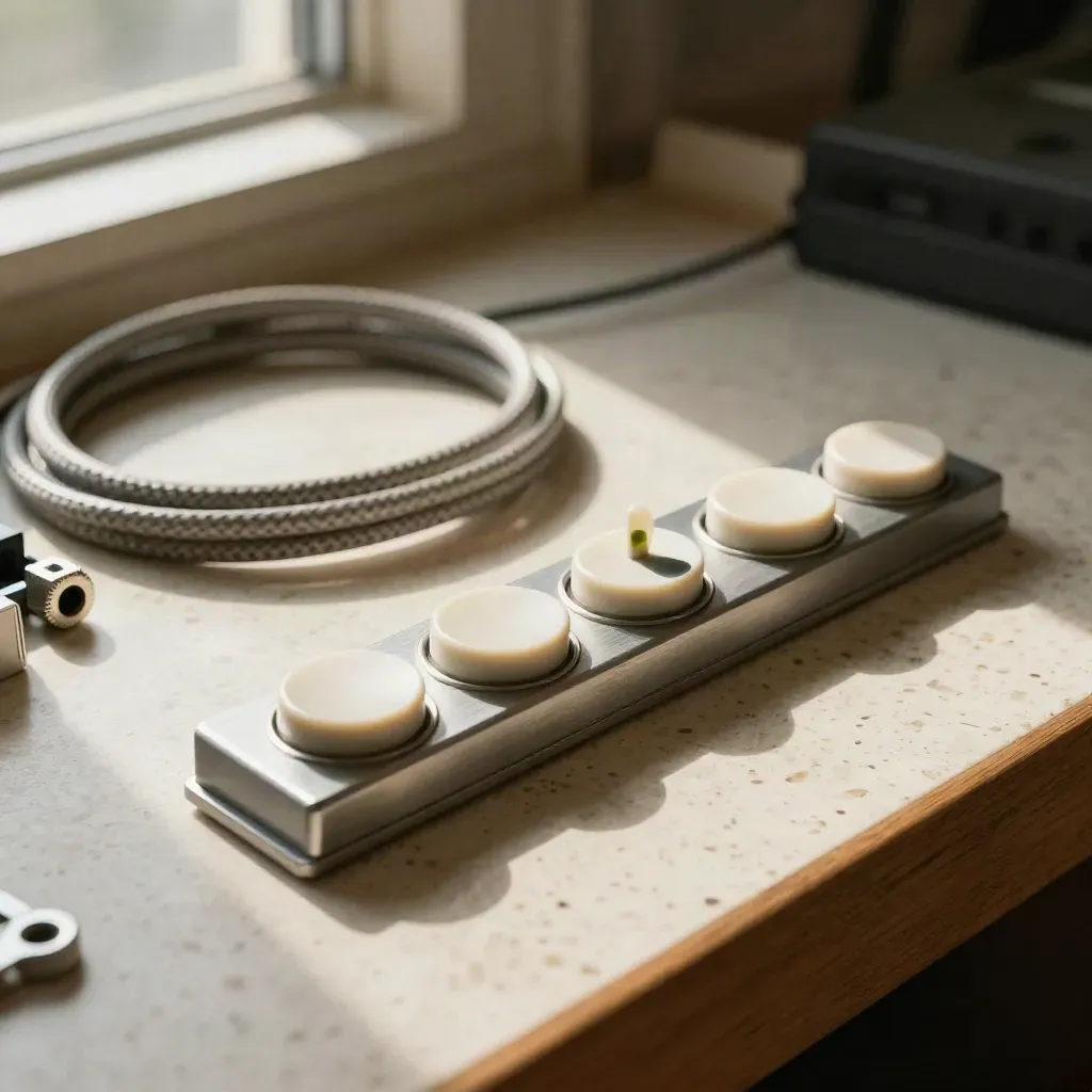 Knappkontroller med kabel och statuslampa på ljus arbetsyta i varmt eftermiddagsljus