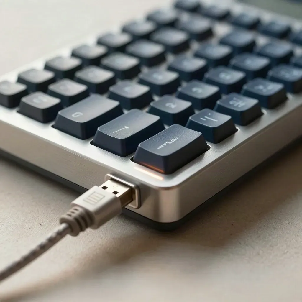 Närbild av knappmatris, lysande statusfält och flätad USB-kabel på mörk sten.