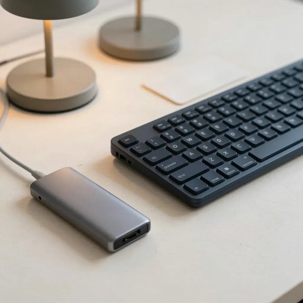 Kompakt tangentbord, USB-hubb, kabel och lampfot på ljus putsad yta.