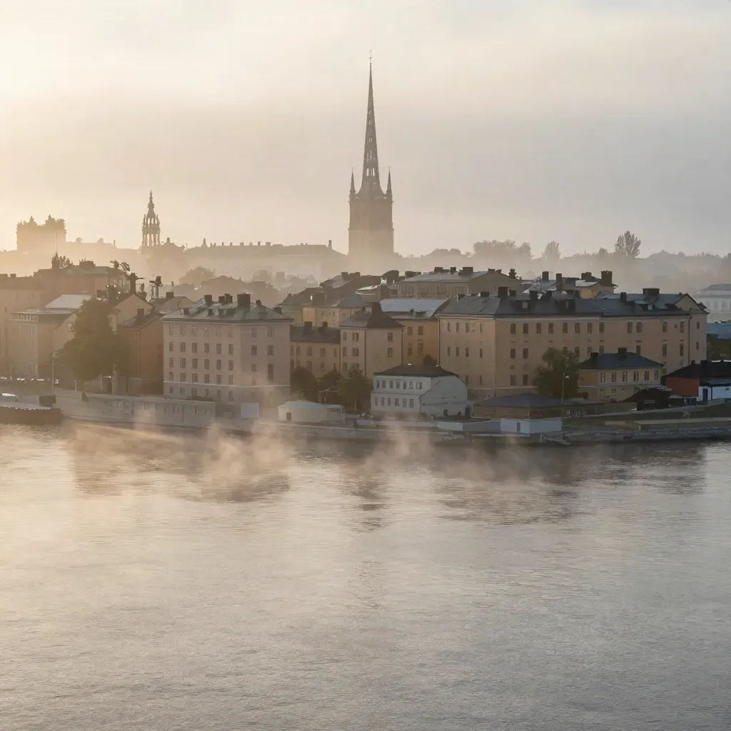 Stockholms skärgård och taksilhuett i morgondimma över gyllene vatten